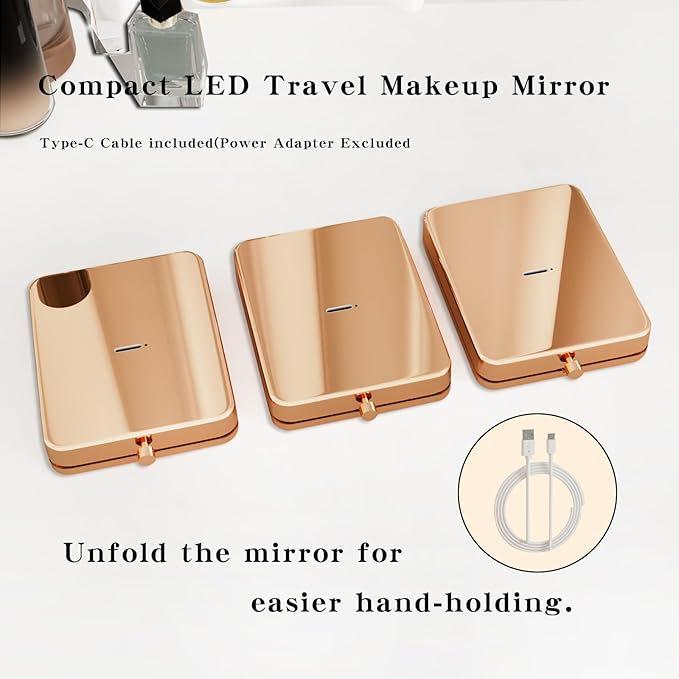 Rose Gold Rechargeable LED Pocket Mirror, 3 Color Dimmable Light 1x/3x Magnifying Compact Travel Makeup Mirror, Portable Folding Handheld Lighted Purse Mirror for Women Christmas Stocking Stuffer Gift
