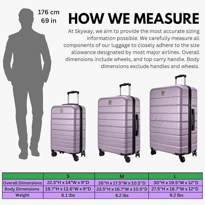 Skyway Epic 2.0 Hardside Lightweight and Durable ABS Shell Luggage, Spacious with 8-Wheel Spinners, Comfort Grip with Telescoping Handle, Men and Women, Silver Lilac, 2-Piece Set (20,28)