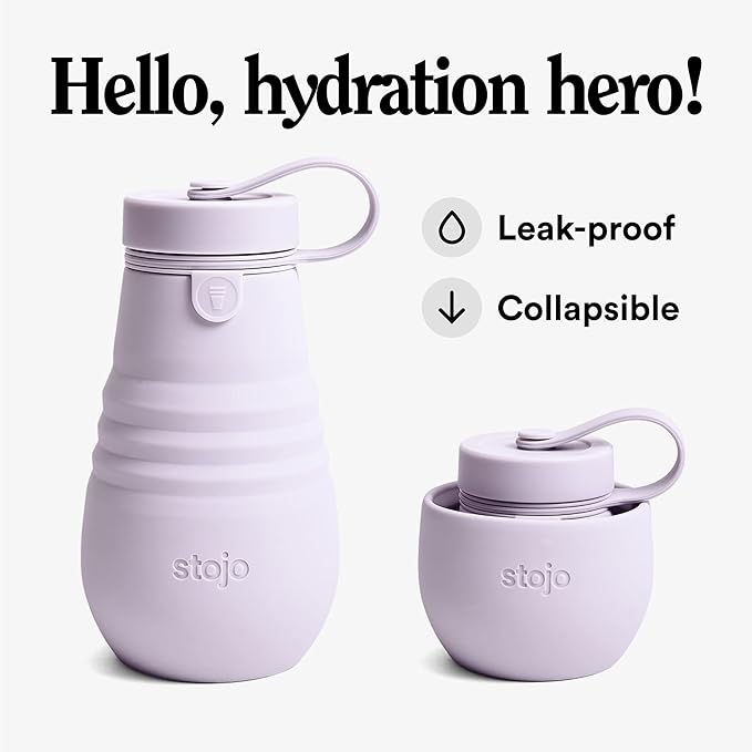STOJO Jr Collapsible Bottle for Kids - Lilac Purple, 14oz / 400ml - Leak-Proof Reusable Silicone Travel Cup for Hot & Cold Drinks - For Home, On-The-Go Camping & Hiking - Microwave & Dishwasher Safe