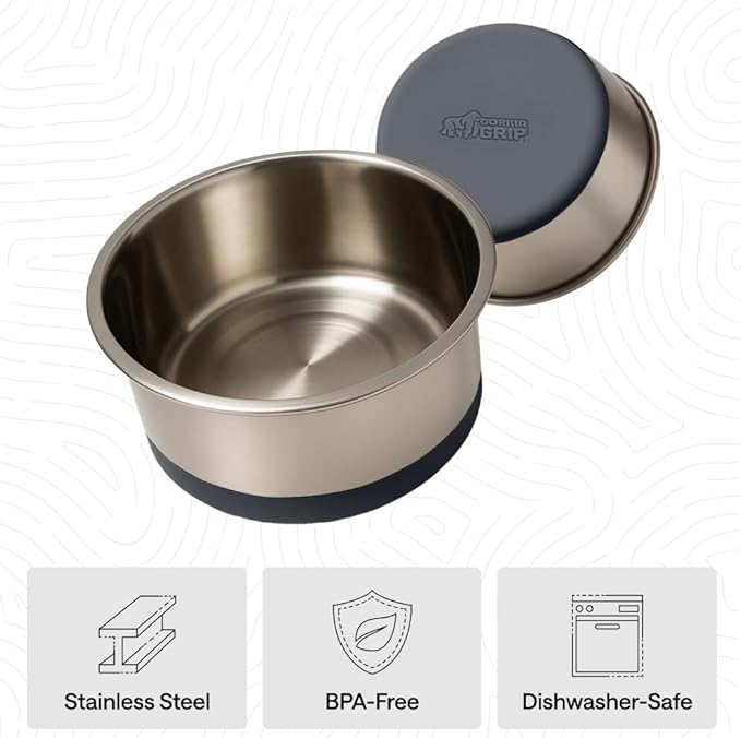 GORILLA GRIP Dog Bowls, Heavy Duty 304 Stainless Steel, Holds 1 Cup Each (8 fl oz) Food and Water Bowl for Feeding Dogs and Cats, Dishwasher Safe, Rust Resistant, BPA Free Rubber Base Set of 2 Gray