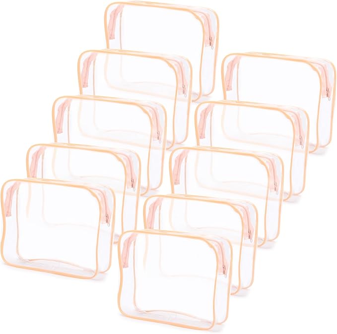Tbestmax 10 Pack Clear Cosmetic Bags Makeup Bags Portable Waterproof TSA Approved Travel Toiletry Bags Large Organizer Peach Pink, 9.8" x 7.1" x 2.4"