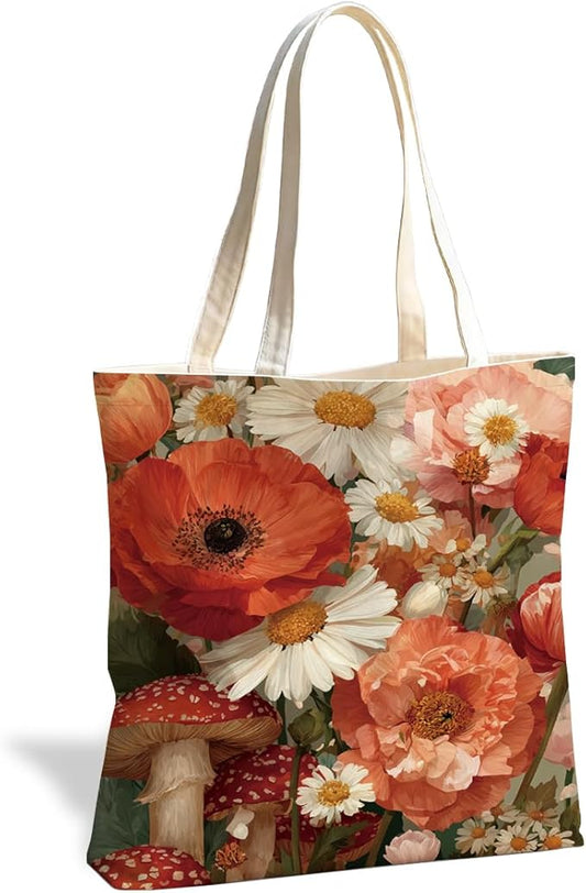 Canvas Tote Bag for Women, Vintage Print Handbag, Aesthetic Shopping Bag for Work Travel Beach, Everyday Shoulder Tote