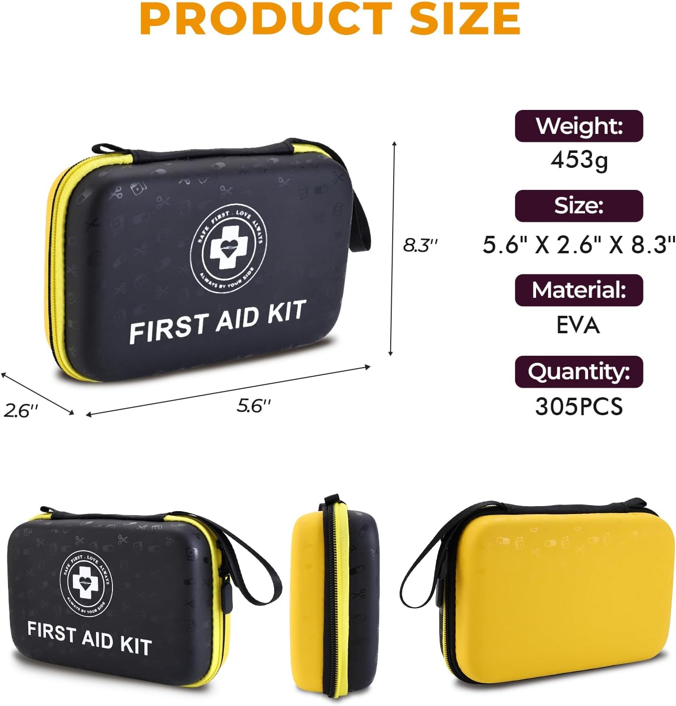 Premium First Aid Kit - 305 Piece Dual-Color Emergency Kit with Hard Shell & Fluorescent Interior Coating, Compact Survival Kit for Home, Car, Travel, Hiking & Outdoor (Black/Yellow)