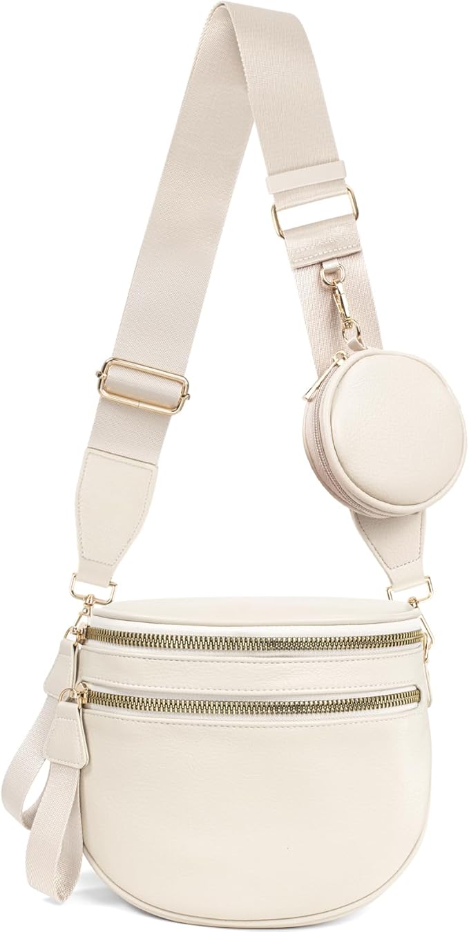Valentoria Fashionable Womens Leather Waist Bag Crossbody Bag Detachable Wallet Adjustable Shoulder Strap (Beige)