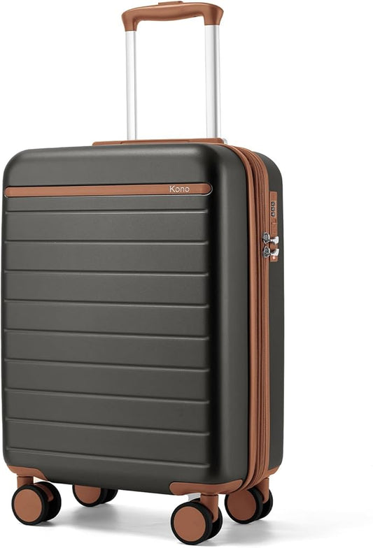 Kono Expandable 20 Inch Carry On Suitcase Airline Approved, Lightweight ABS+PC Hardshell Luggage with 360° Silent Spinner Wheels, Grey/Brown