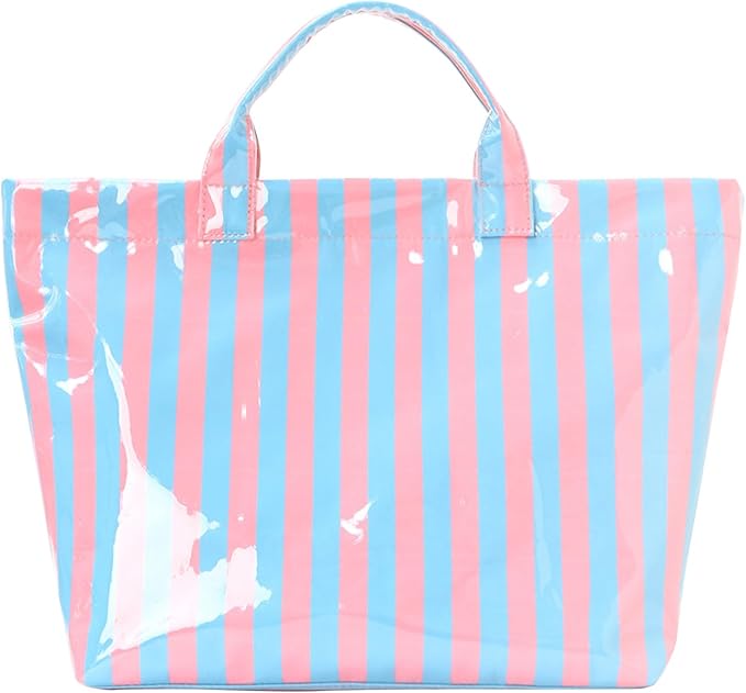 JQWYGB Striped PVC Tote Bag Large Glossy Striped Handbags Waterproof Top Handle Bag Plastic Tote Handbag Beach Travel Work