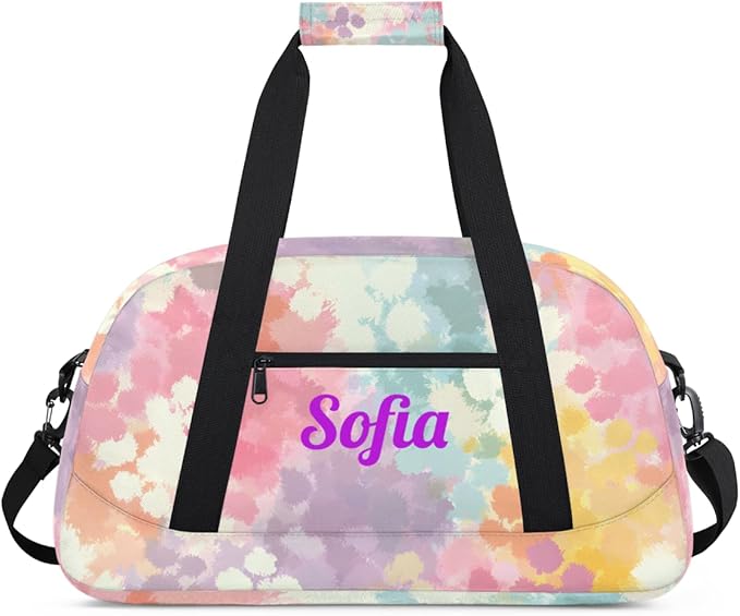 Custom Name Girl Gym Travel Duffle Bag with Front Zipper Pocket Personalizedfor Sports Bag for Overnight, Weekender, Carry On,Workout & Dance, 18.9 * 8.7 * 10.6 in,Yellow Pink Gray