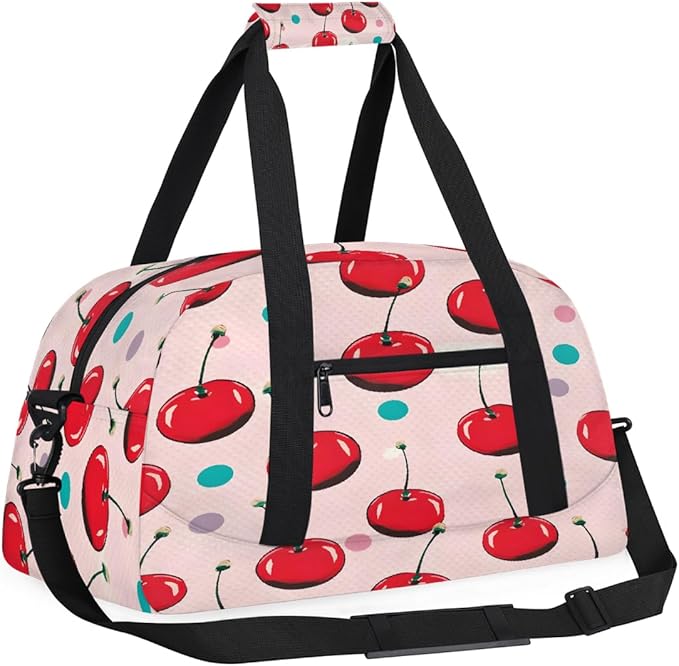 Duffle Bag for Women Men, Polka Dot Cherry Pattern Gym Bag for Travel Sports, Lightweight Waterproof Weekender Overnight Bags with Adjustable Strap
