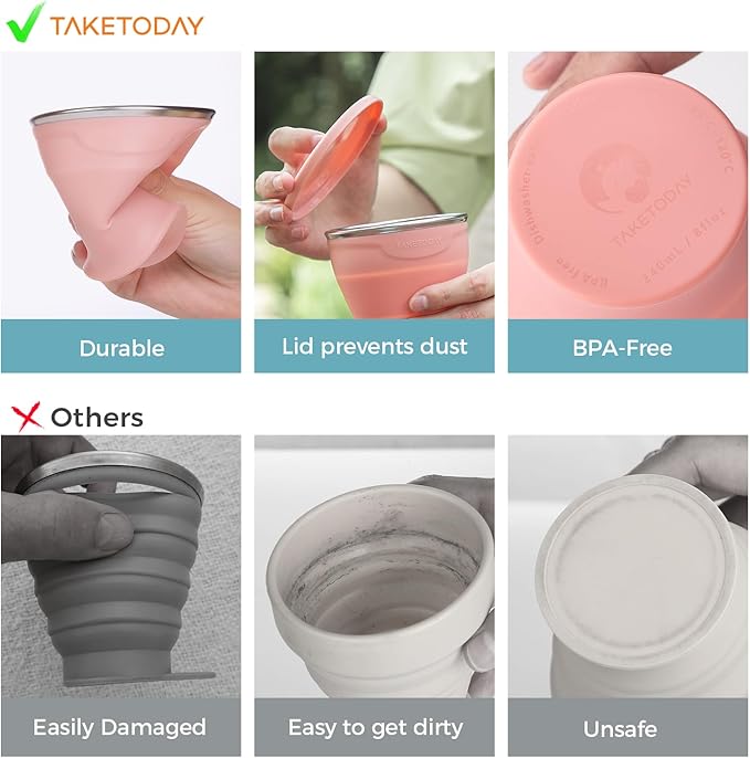 TakeToday Collapsible Travel Cup 8 oz - Silicone Foldable Water Cup, BPA-Free with Lid & Waterproof Bag - Drinking Cup Set for Camping, Outdoors & International Travel（Lowcountry Peach）