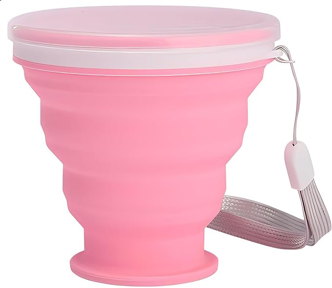 Silicone Folding Travel Cup with Lid - Expandable Reusable Drinking Mug for Camping, Hiking & Outdoor