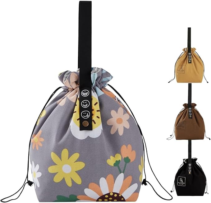 Reusable Drawstring Lunch Bag,Insulated Handbag Tote bag with Handle,Lunch Sackand Drawstring Closure for Women Work Picnic or Travel (Sunflower)