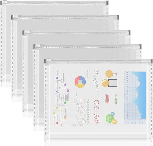 FYY 5PCS Plastic Envelopes, A5 Size Poly Zip Envelopes File Folders, Translucent Expanding Document Wallet Pouch with Zipper for School and Office Supplies, 9.8 x 7.1 Inches, Clear