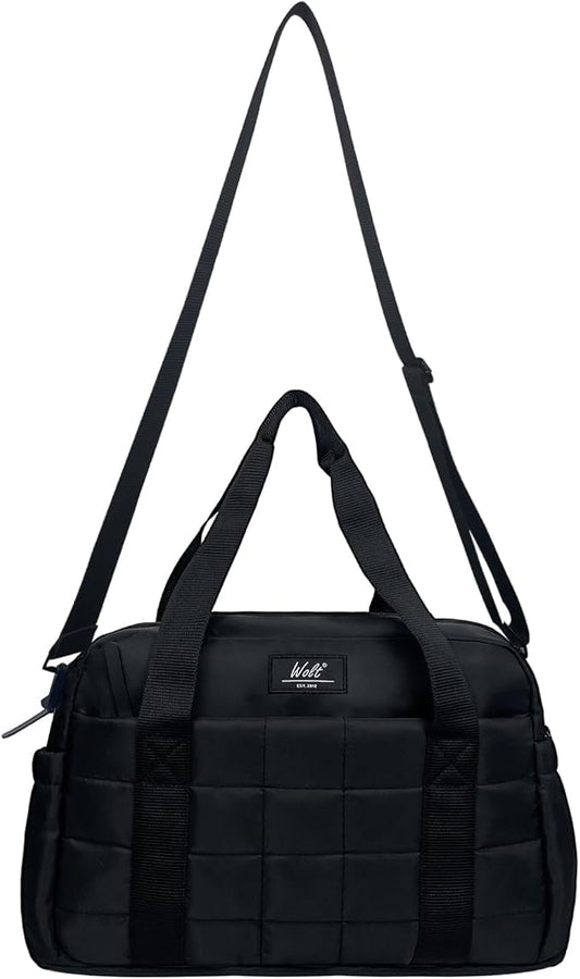 WOLT Small Gym Bag for Women, 14 inch Lightweight Gym Duffle Bag with Wet Compartment Quilted Tote for Sports Workout, Black