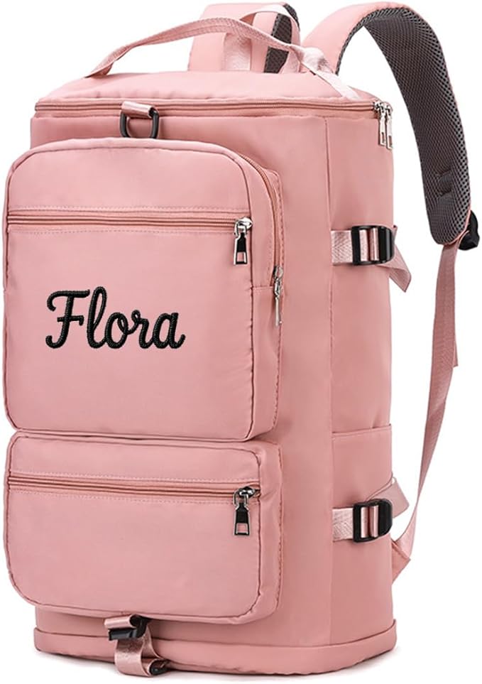 Personalized Sports Duffel Bag, 35L Custom Embroidered Gym Backpack for Men Women, Travel Weekender Bag with Shoe & Laptop Compartment, Carry On Overnight Workout Bag(Pink)