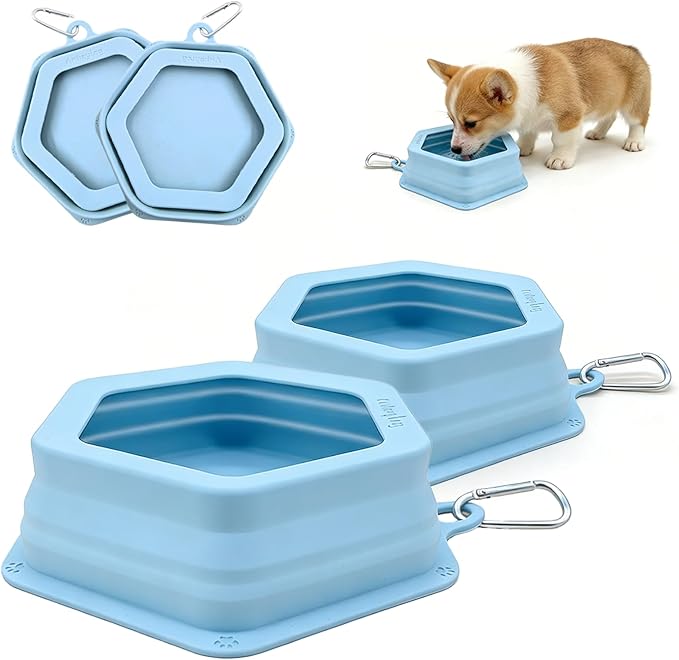 2-Pack Collapsible Pet Water Bowls, Spill Proof No Splash Travel Bowls w/ 2 Carabiners, Silicone Bowls for Hiking Camping Walking Road Trips, BPA Free Dishwasher Safe, 24oz Each Morandi Blue