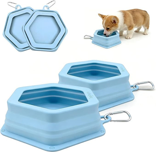2-Pack Collapsible Pet Water Bowls, Spill Proof No Splash Travel Bowls w/ 2 Carabiners, Silicone Bowls for Hiking Camping Walking Road Trips, BPA Free Dishwasher Safe, 24oz Each Morandi Blue