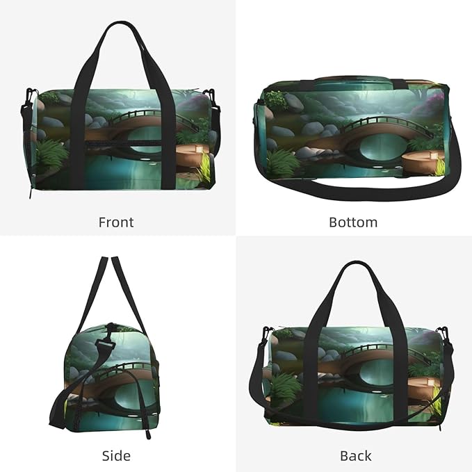 Little Bridge in the East Print Gym Bag with Shoe Compartment for Women Men, 17.7in Sports Duffle Weekender Tote, Overnight Travel Duffel Bag Carry On