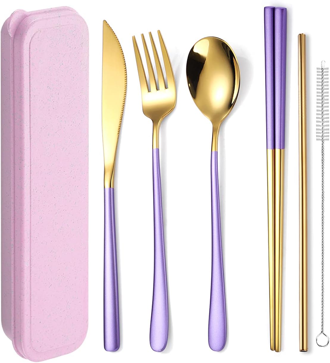 AARAINBOW 6 Pieces 18/8 Stainless Steel Flatware Set Portable Reusable Cutlery Set Travel Utensils Set Including Chopsticks Knife Fork Spoon Straws Cleaning Brush Dishwasher Safe (Purple golden)
