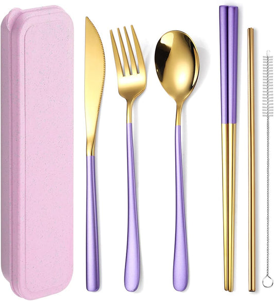 AARAINBOW 6 Pieces 18/8 Stainless Steel Flatware Set Portable Reusable Cutlery Set Travel Utensils Set Including Chopsticks Knife Fork Spoon Straws Cleaning Brush Dishwasher Safe (Purple golden)