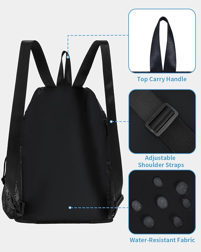 WANDF Swim Bag with Wet Pockets, Sandproof Beach Backpack with 40oz Tumbler Side Pockets, Mesh Drawstring Backpack Swim Bag for Swimming, Pool, Gym and Workout Gear (Black)