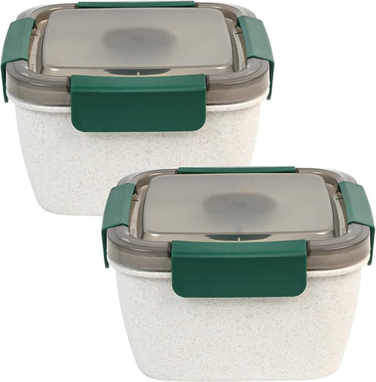 Freshmage Salad Lunch Container To Go, 2 Packs 52-oz Salad Bowls with 3 Compartments, Salad Dressings Container for Salad Toppings, Snacks, Men, Women (Wheat straw white)