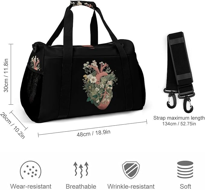 Botanical Heart Duffle Bag Gym Bag for Workout Travel Tote with Detachable Straps