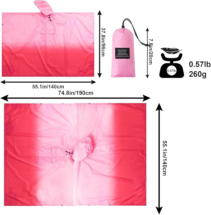 Hooded Rain Poncho for Adults - Waterproof Rain Coat and Lightweight Jacket 3-in-1 Multi-Function with Pockets