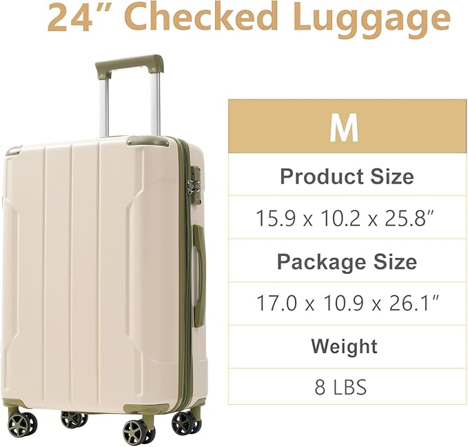 24 Inch Hardshell Luggage Lightweight Checked Luggage, Hardside ABS Suitcases with Double Wheels and TSA Lock, Medium Expandable 24-inch Carry on Luggages for Travel, Men, Women, White Green