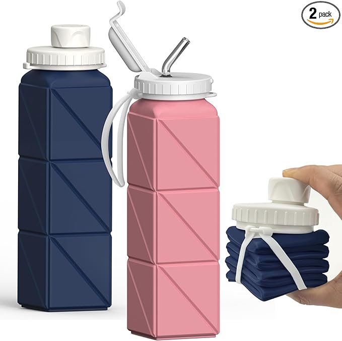 Collapsible Water Bottles 20.6oz 2 Pack, Silicone Foldable Portable Travel Water Bottle, BPA-Free Reusable Leakproof for Travel Camping Hiking Cycling Yoga Sports Outdoor (Darkblue+Pink)