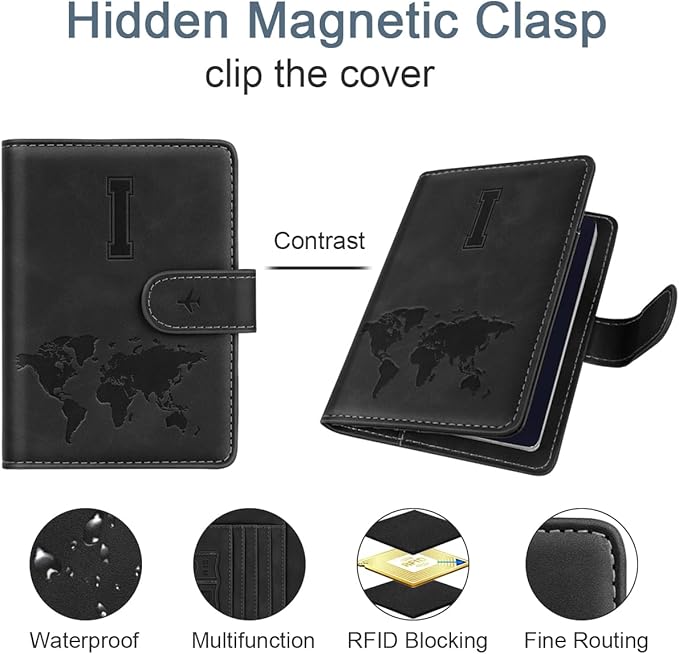 Passport Holder Wallet Cover Personalized Letter A-Z Travel Wallet RFID Blocking Passport Cover Wallet Case for Travel Passport Book Holders for Women and Men, Black-I