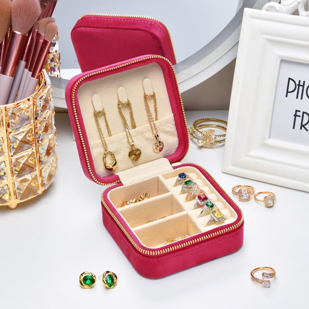 Travel Jewelry Case, Small Plush Velvet Jewelry Box for Women and Girls, Portable Jewelry holder organizer for Rings Earrings Necklaces Bracelets(Magenta)