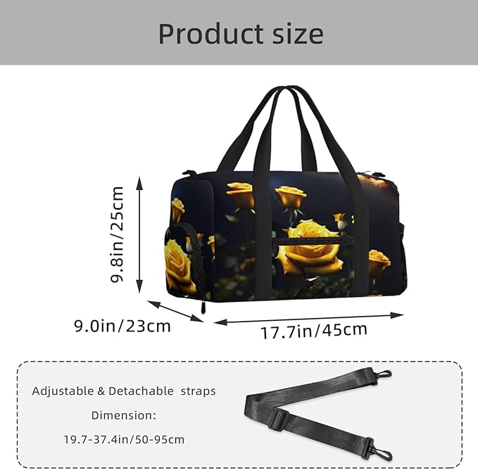 Beautiful yellow roses Print Gym Bag with Shoe Compartment for Women Men, 17.7in Sports Duffle Weekender Tote, Overnight Travel Duffel Bag Carry On