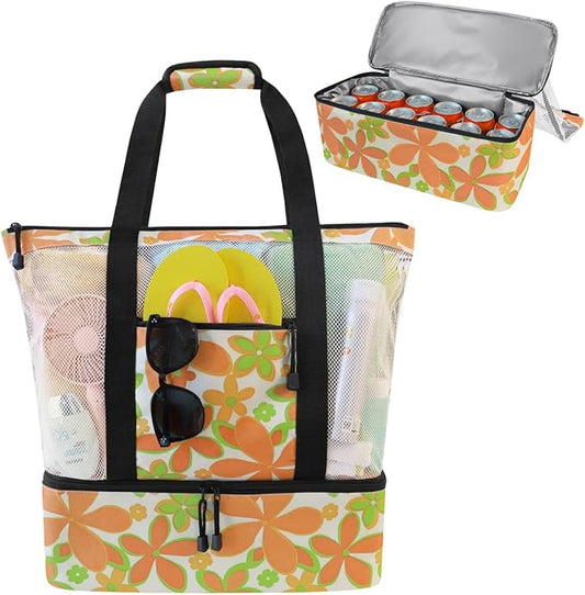 ASL Mesh Beach Bag with Cooler Compartment for Women, 2-in-1 Print Travel Tote 30L with Zipper and Pockets, Pool Picnic