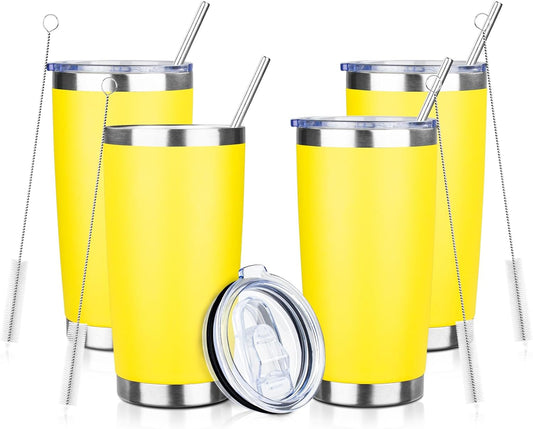 20oz Tumbler with Straw and Brush, Stainless Steel Vacuum Insulated tumbler, Double Wall Insulated Coffee Tumbler for Outdoor, Home, Travel,Office (Buff,4pcs)