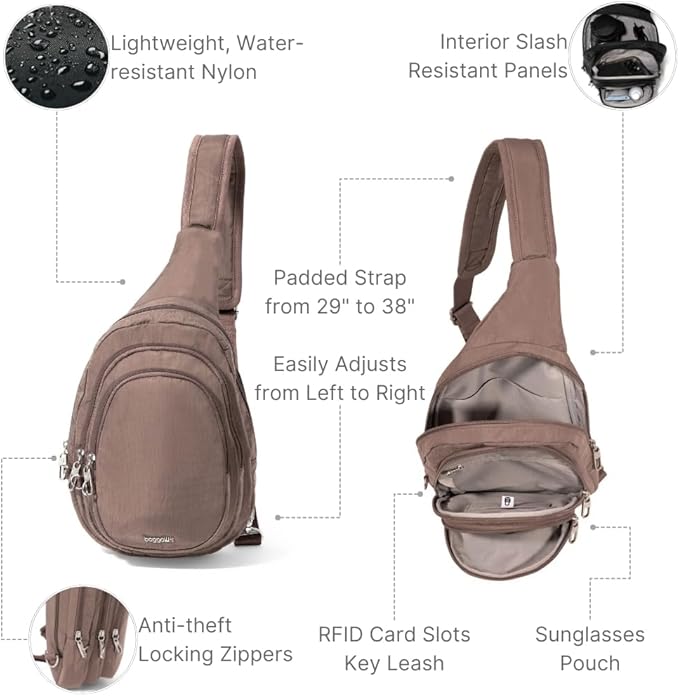 Baggallini Securtex® Anti-Theft Triple Zip Sling 8.6"x15.2" Travel Crossbody Backpack with RFID Wallet Locking Zipper