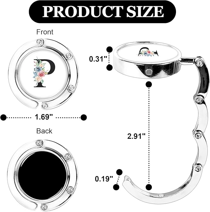 XSUIOY 3Pcs Personalized Initial Foldable Purse Hook for Table,Crushed Flower Letters Folding Purse Hanger,Purse Holder Handbag Hanger Collection Desk Table Bag Hooks Gifts for Women Bag(Black-P)