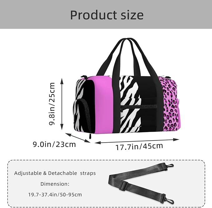Leopard Print, Zebra Print, Animal Print, Pink Women'S Gym Duffle Bag With Shoes Compartment, Ideal For Travel, Gym, Sports, Duffel, Weekender