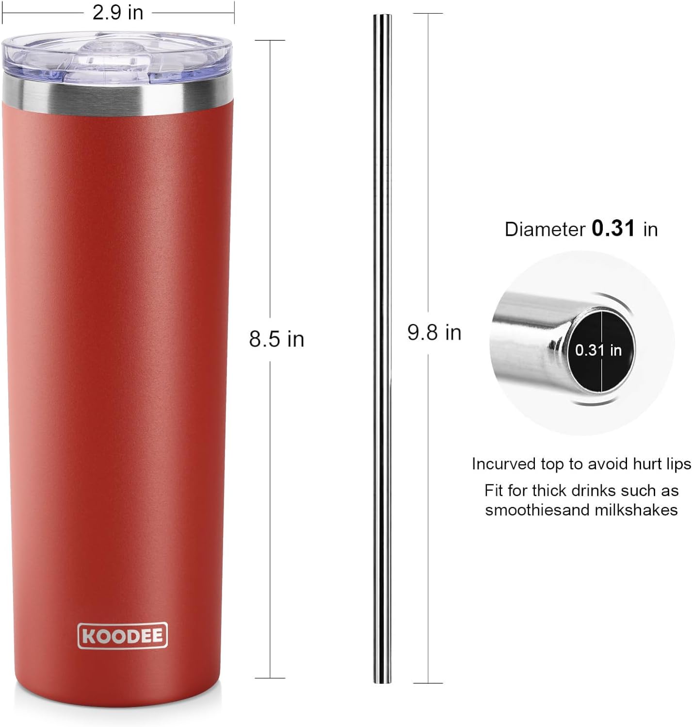 koodee Skinny Tumbler-20 oz Stainless Steel Iced Coffee Tumbler with Straw Vacuum Insulated Traver Coffee Mug with Lid (Canyon Red-Black)