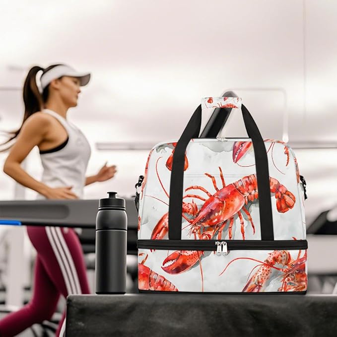 Red Animal Lobster Large Weekender Bag with Shoe Compartment Travel Duffel Bags for Women Carry On Hospital Overnight Bag Foldable Personal Item Travel Bags Tote Gym Sports Airplanes