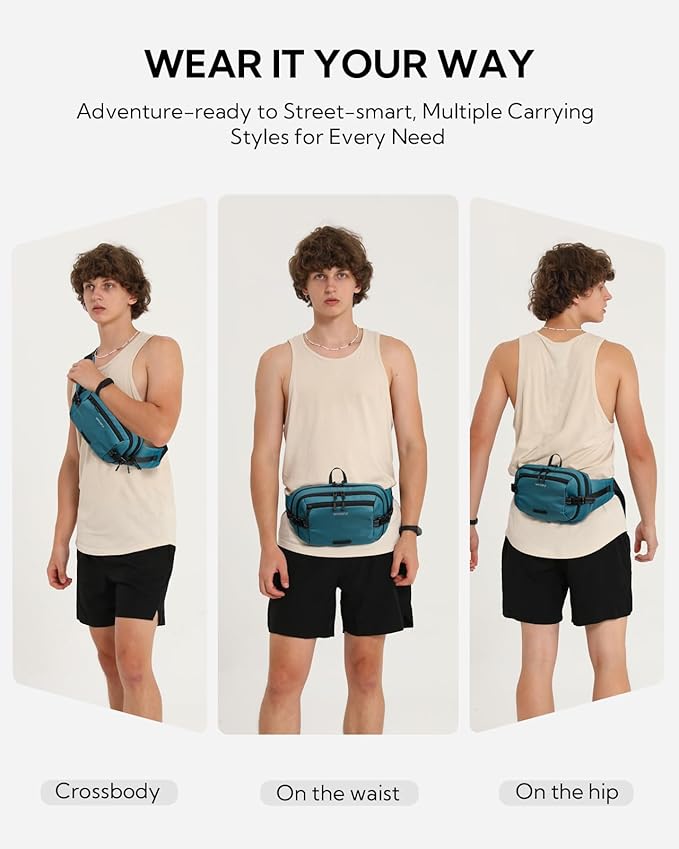 WATERFLY 3L Large Fanny Pack, 180° Opening Hip Pouch with Multi-Pockets, Anti-Theft RFID Blocking Waist Bag for Women Men Traveling Hiking Daily Use