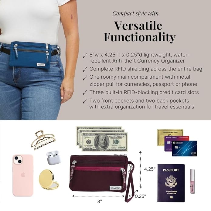 Baggallini Anti-theft RFID Currency Organizer 8"x4.25" Travel Accessory Passport Holder Money Belt Wallet w/Card Slots