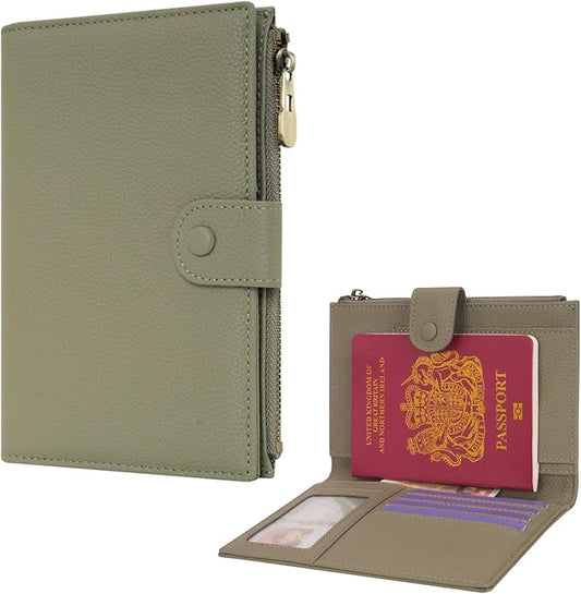 WASON Leather Passport Cover Travel Wallet RFID Blocking – Passport Holder Slot with Zipper Pocket for lD, Boarding Pass,Ticket, Cash, SD Card, Travel Essentials for Men and Women (Light Green)