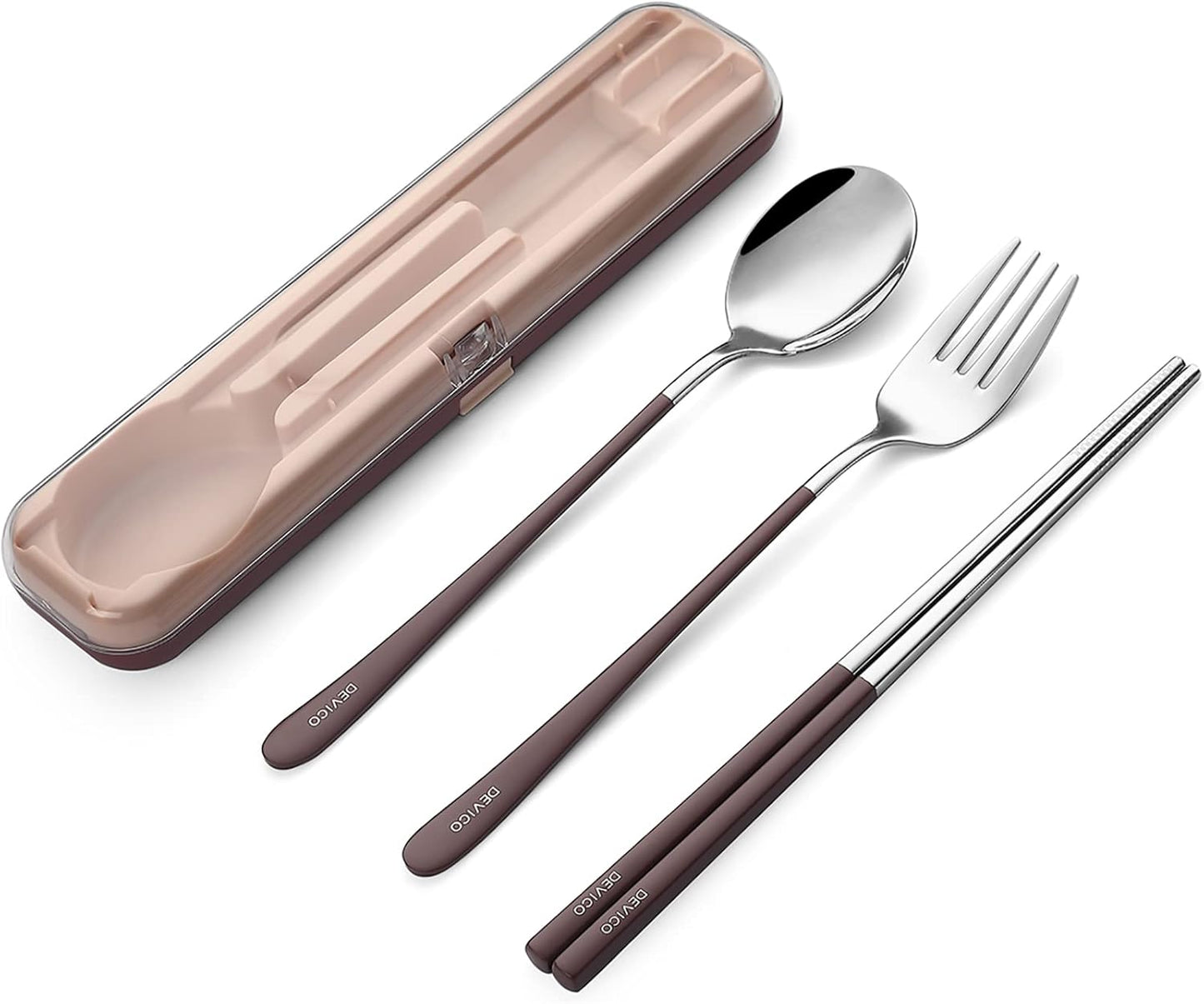 DEVICO Portable Utensils, Travel Reusable Silverware Flatware Set for Lunch, 18/8 Stainless Steel 4-Piece Camping Cutlery Include Fork Spoon Chopsticks with Case (Brown)