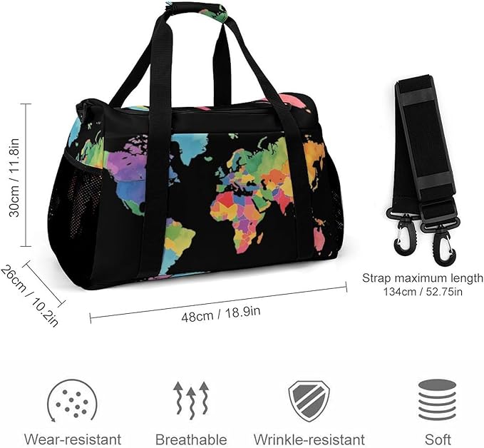Colorful World Map Duffle Bag Gym Bag for Workout Travel Tote with Detachable Straps