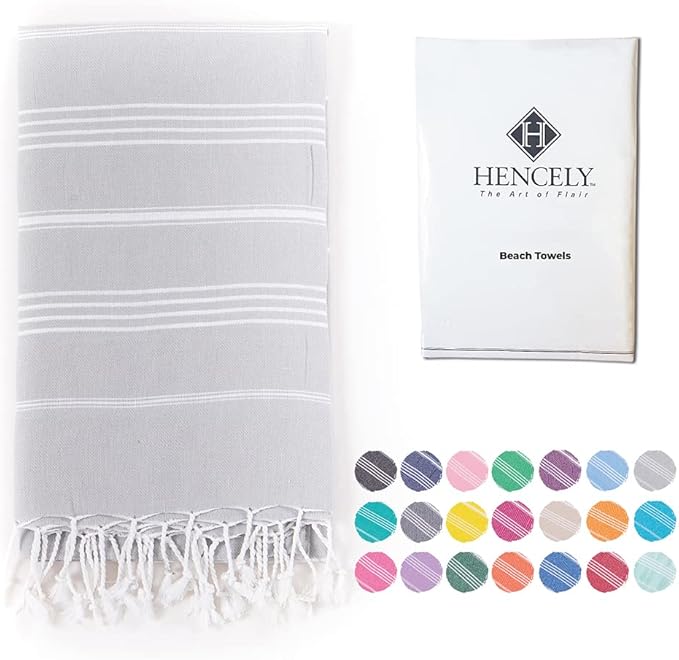 Hencely Turkish Beach Towel 37x68 Oversized, Sand-Free, Quick-Dry, Lightweight - Travel Essential for Pool & Bath - Striped 100% Cotton Bathroom Towels Accessories Gift (Silver)