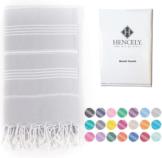 Hencely Turkish Beach Towel 37x68 Oversized, Sand-Free, Quick-Dry, Lightweight - Travel Essential for Pool & Bath - Striped 100% Cotton Bathroom Towels Accessories Gift (Silver)