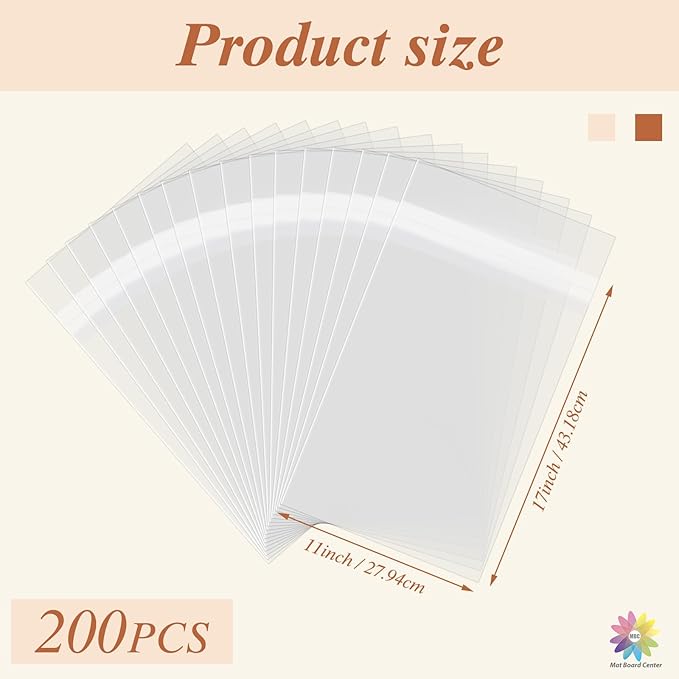Mat Board Center, (200 Pack) 11 3/7" x 17 1/4" Clear Resealable Plastic Sleeves, Self Sealing Polypropylene Bags for Paper, Photographs, Prints & Documents