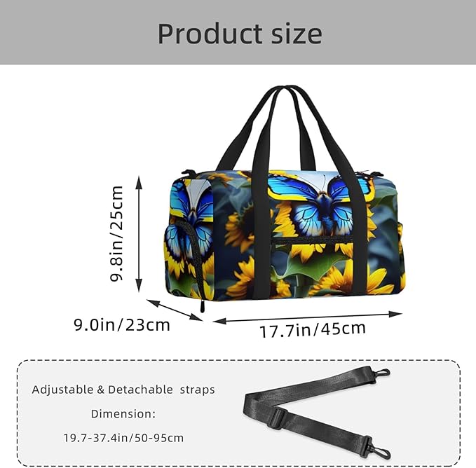 Sunflower Blue Butterfly Print Gym Bag with Shoe Compartment for Women Men, 17.7in Sports Duffle Weekender Tote, Overnight Travel Duffel Bag Carry On