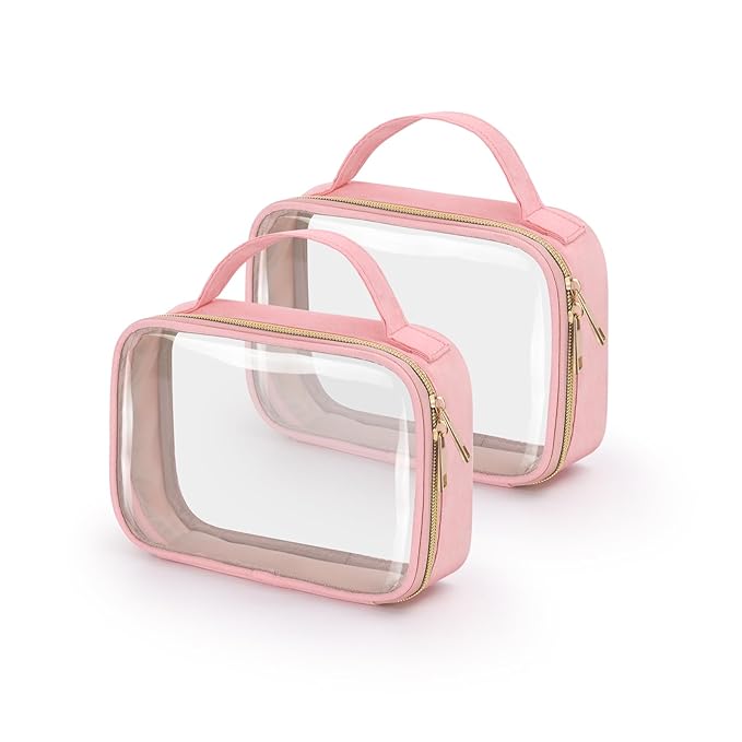 Wedama TSA Approved Toiletry Bag, 2 Pack Clear Makeup Bags with Handles, Quart Size Toiletry Bags, PVC Clear Cosmetic Bags for Women and Men, Carry on Airport Airline Compliant Bag, Pink