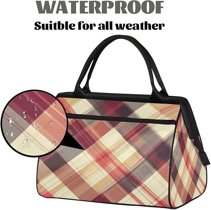 Multipurpose Duffle Bag, Waterproof Carry On Bag with Spacious Design, Plaid Checkred Brown Gym Bags, 15.2x8.3x11.6in